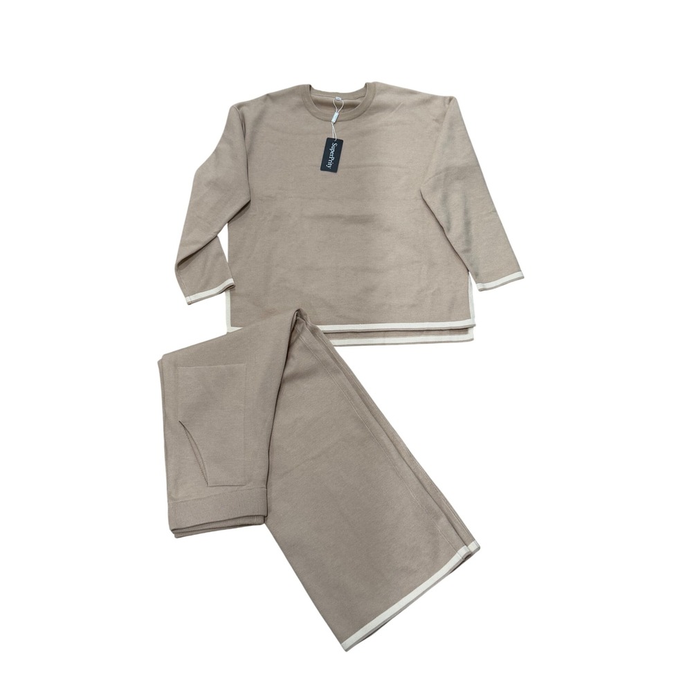 Superprity Womens Beige Knit Lounge Set Two Piece XL Athleisure Casual New Comfy